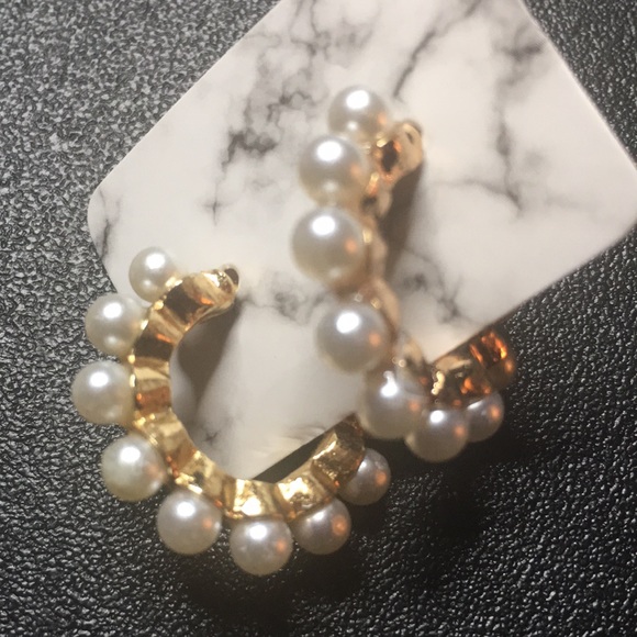 Gold Pearl Small Hoop Earrings - Picture 2 of 3